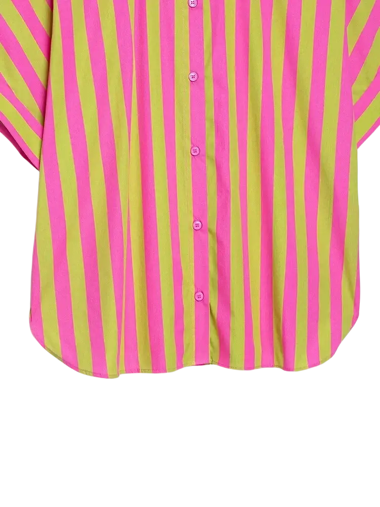 A vibrant pink and lime green vertically striped short sleeve button-up shirt with matching buttons