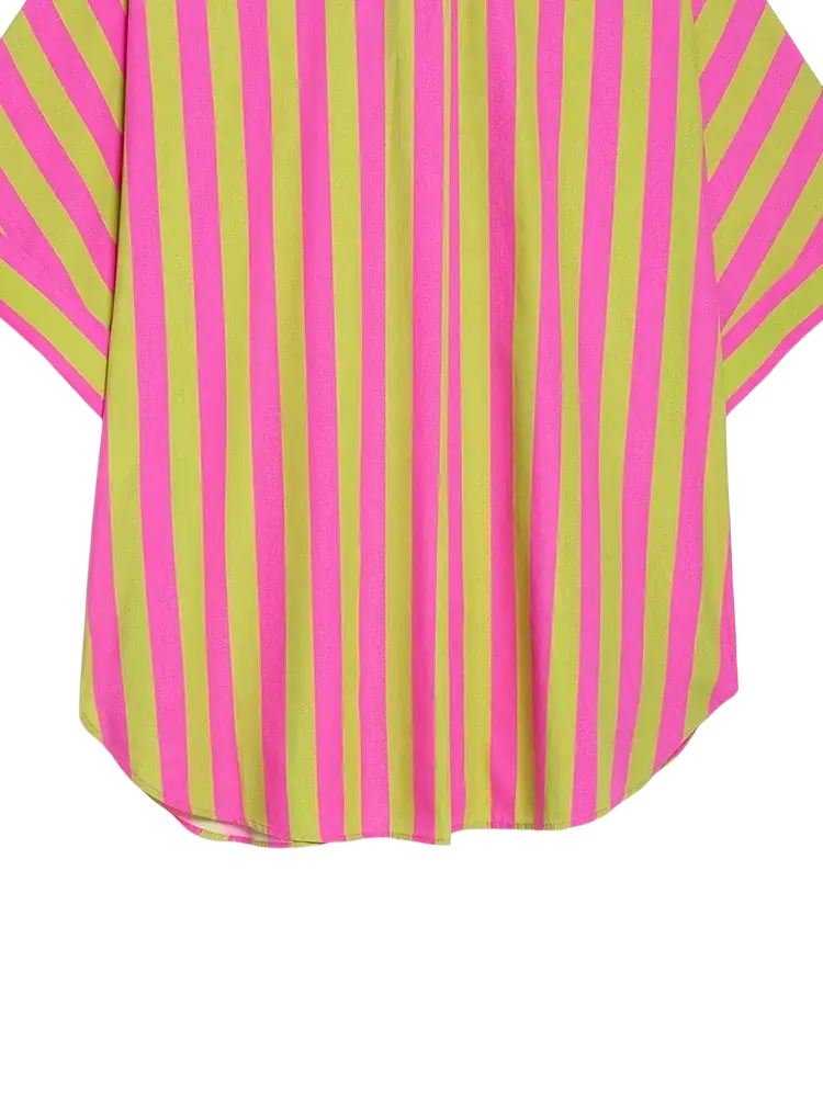 A pink and lime green striped short sleeve blouse made of lightweight, flowing fabric