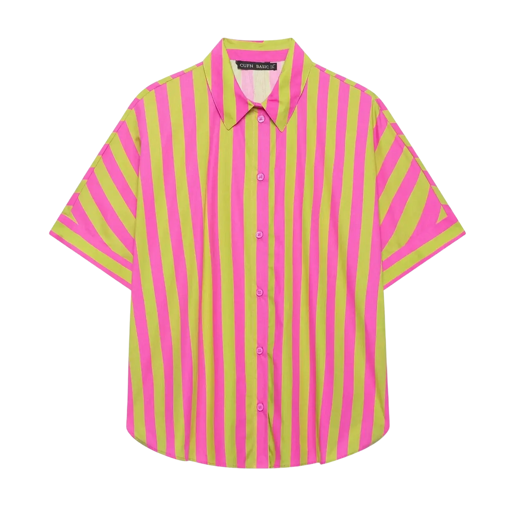 A vibrant pink and lime green vertically striped short sleeve button-up shirt with a classic collar