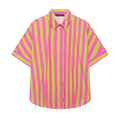 A vibrant pink and lime green vertically striped short sleeve button-up shirt with a classic collar