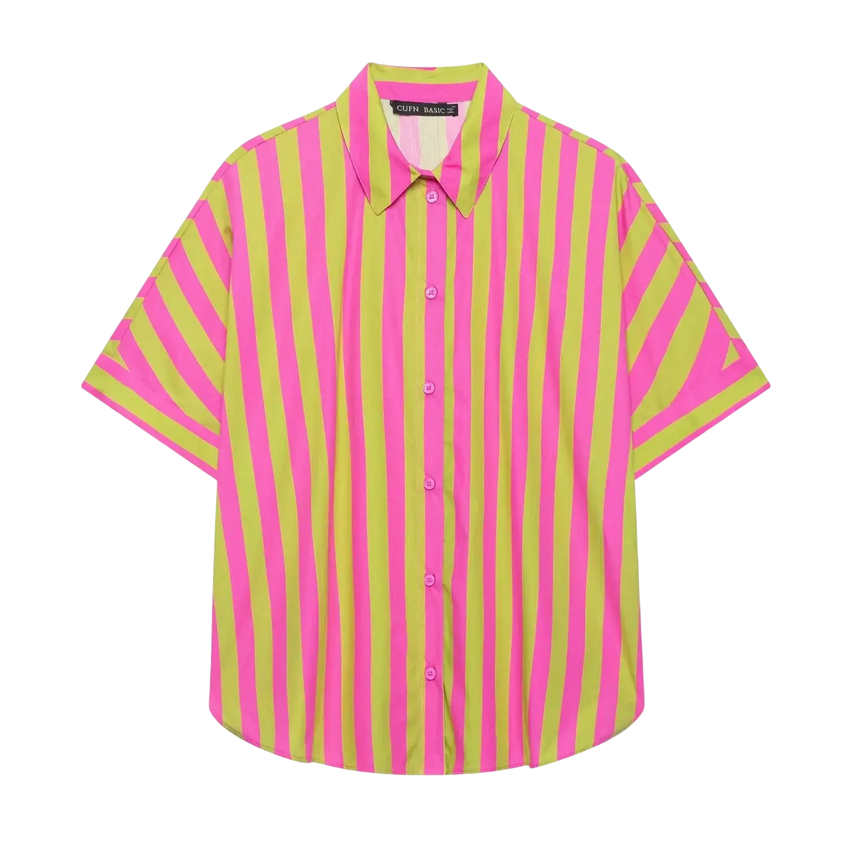 A vibrant pink and lime green vertically striped short sleeve button-up shirt with a classic collar
