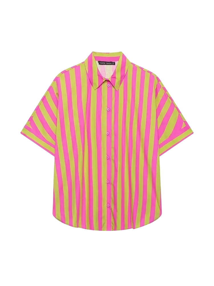 A vibrant pink and lime green vertically striped short sleeve shirt with a classic collar and button-up front