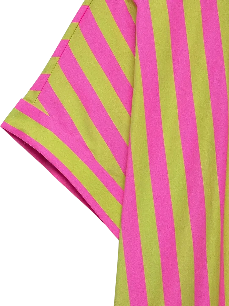 A vibrant pink and lime green striped short sleeve shirt with a modern design perfect for casual wear