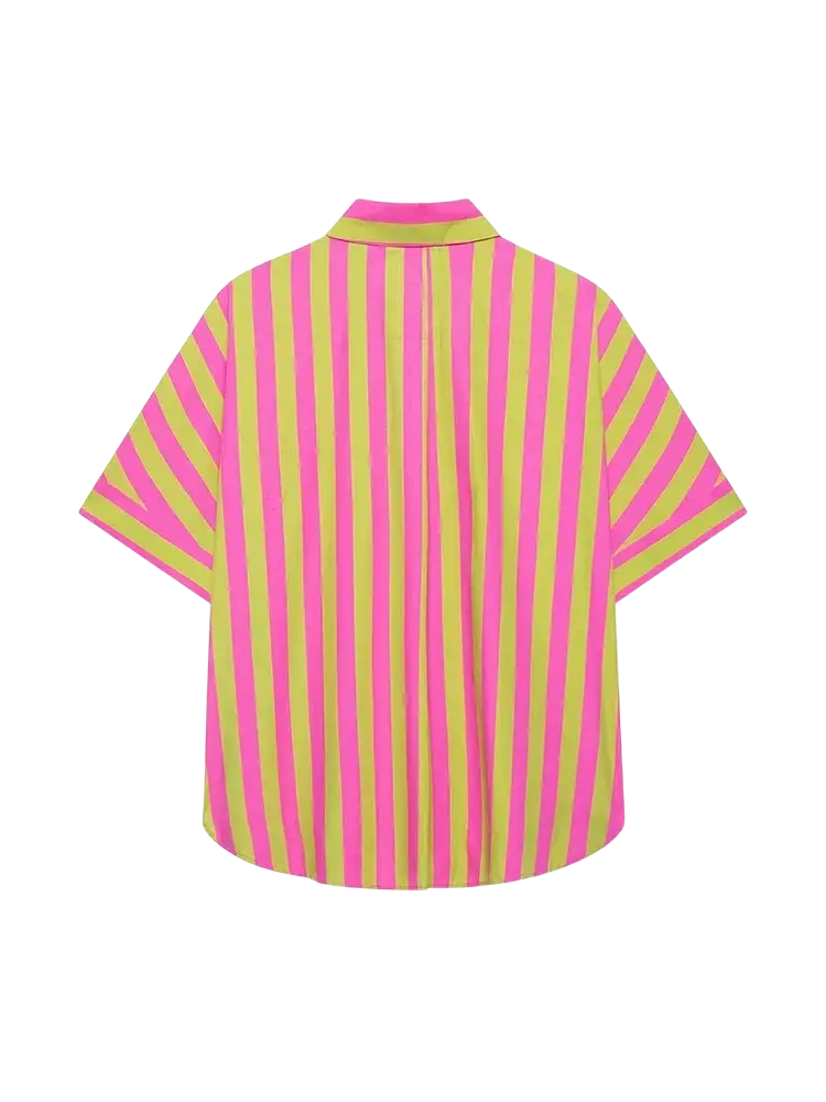 A vibrant pink and lime green striped short sleeve shirt with a classic collar for casual wear