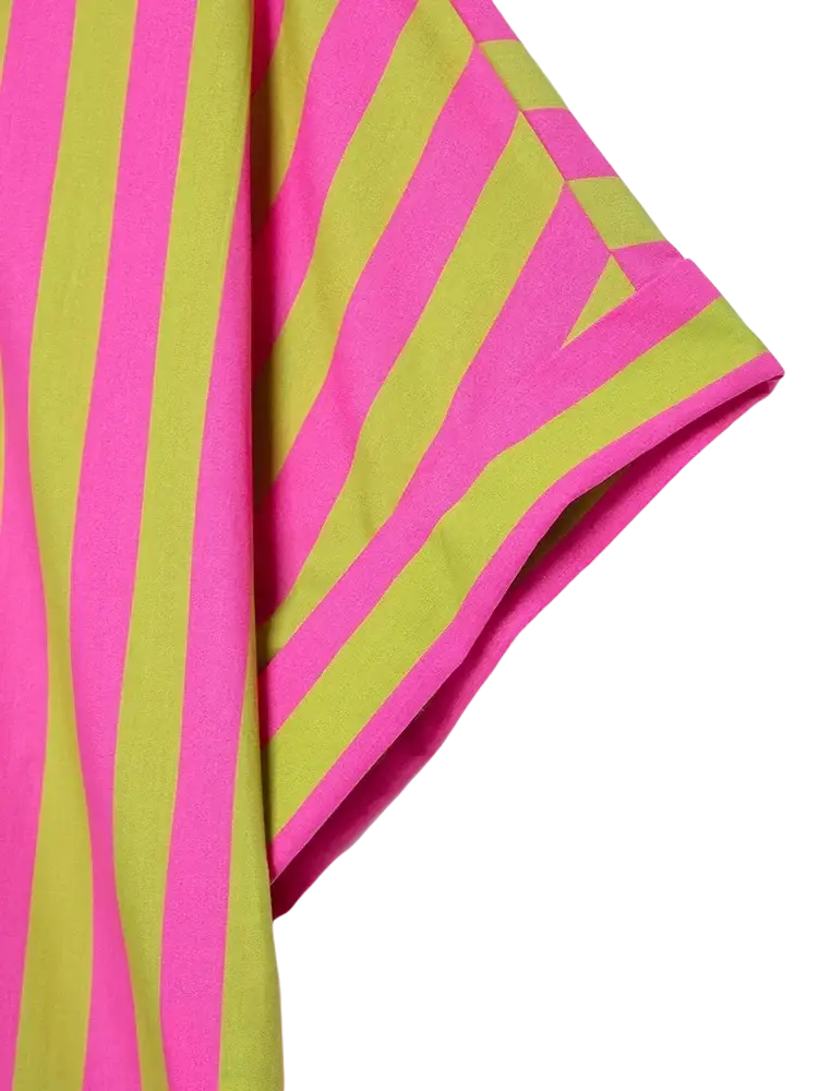 Pink and lime green striped short sleeve shirt made of soft flowing fabric featuring vibrant colors