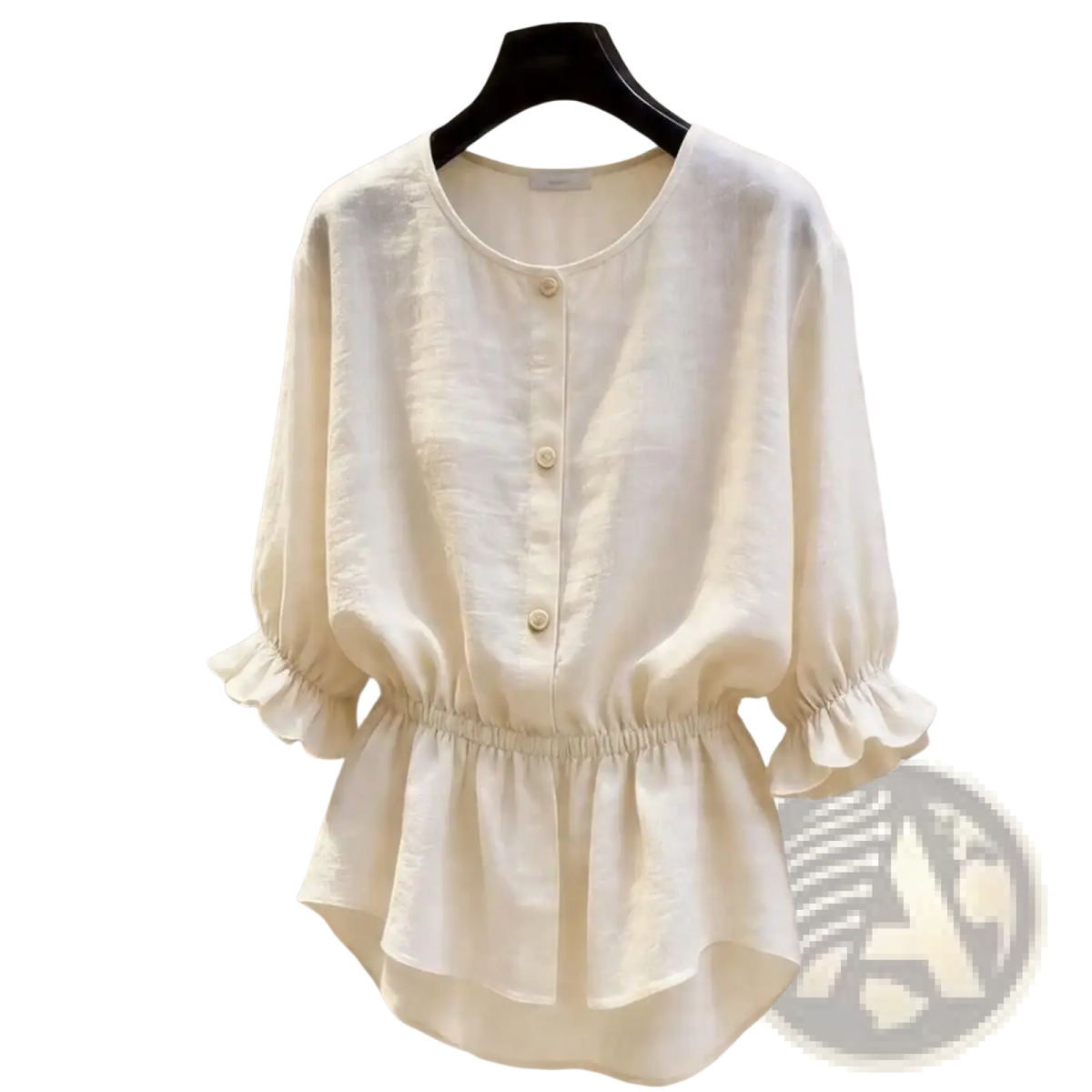 Cream-colored linen blouse with ruffled three-quarter sleeves and gathered waist in a pink linen peplum blouse style
