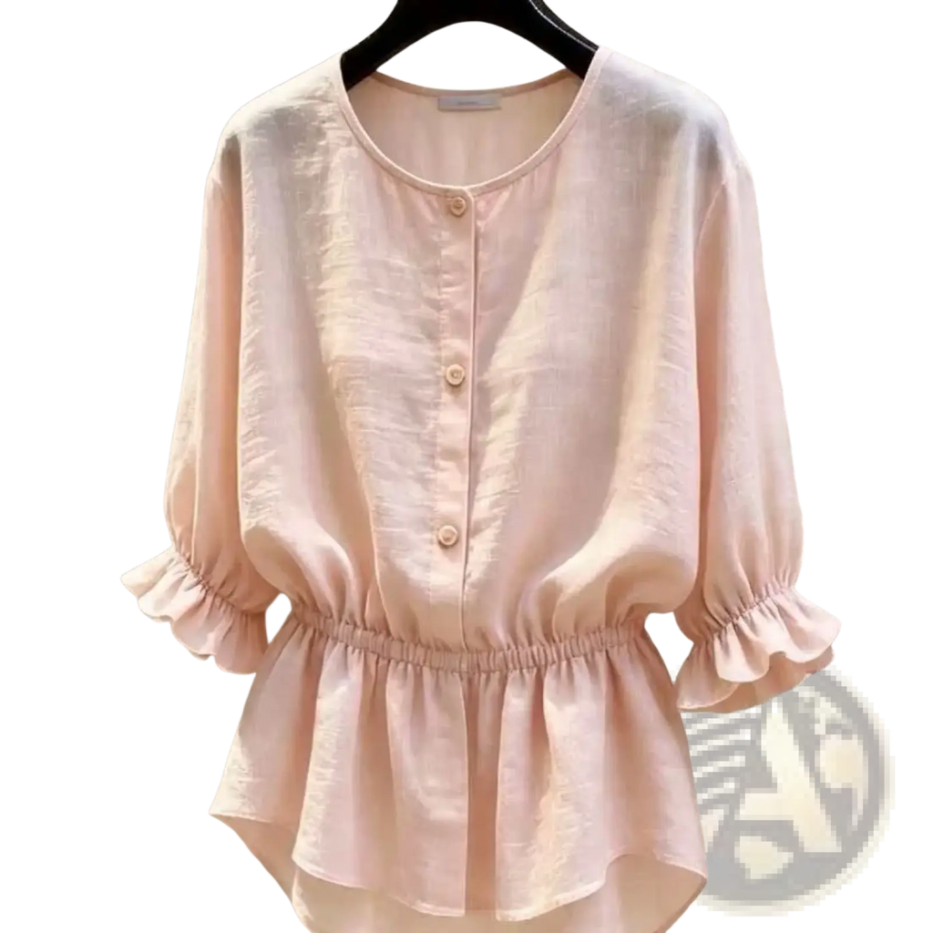 A soft blush pink linen peplum blouse with ruffled three-quarter sleeves and a gathered waistline