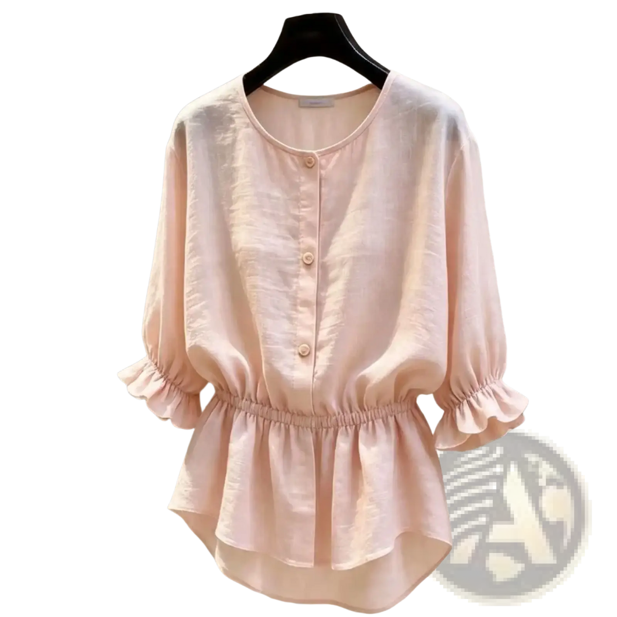 A soft blush pink linen peplum blouse with round neckline and ruffled three-quarter length sleeves