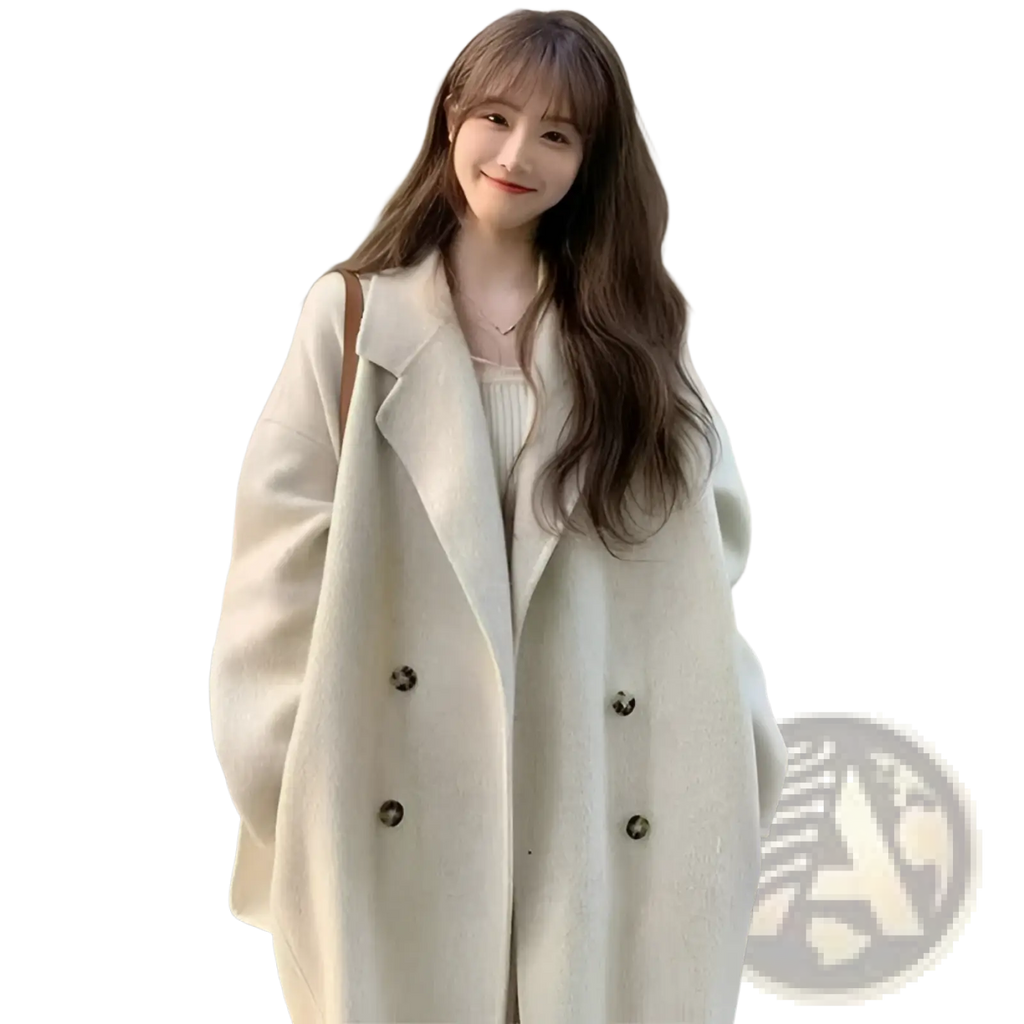 Cream-colored oversized double-breasted coat with dark buttons in pink longline wool trench coat petite style
