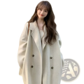Cream-colored oversized double-breasted coat with dark buttons in pink longline wool trench coat petite style