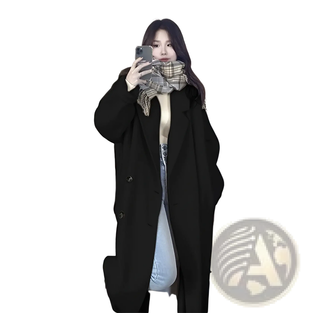 Black woolen coat with classic double-breasted design and button closures for stylish outerwear use