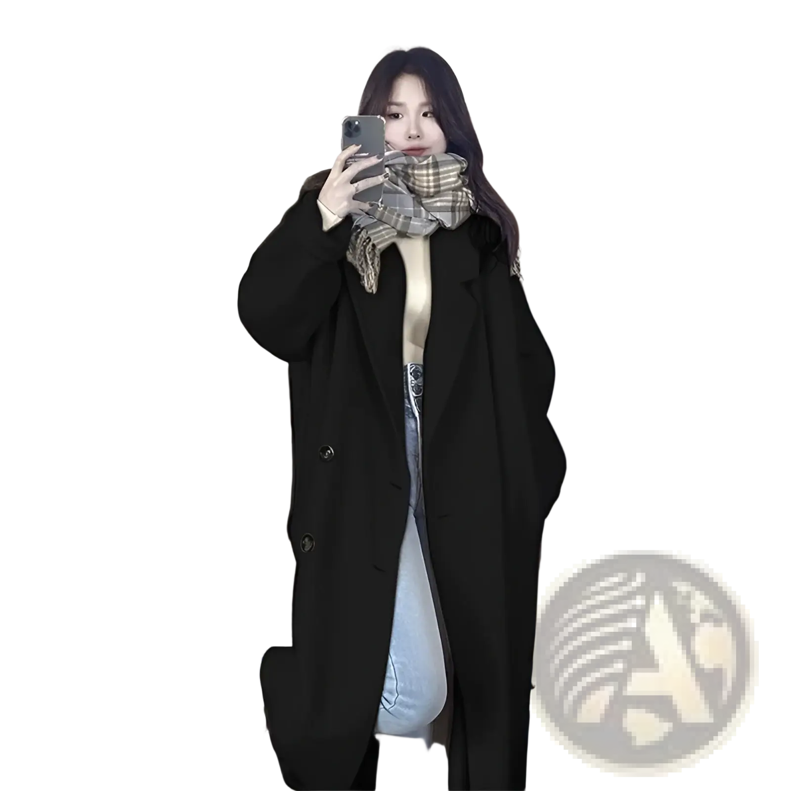 Black woolen coat with classic double-breasted design and button closures for stylish outerwear use