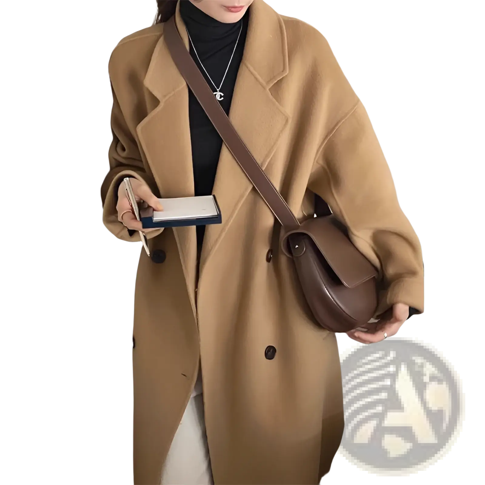 Brown leather crossbody bag with curved minimalist design and single shoulder strap paired with pink longline wool trench coat petite