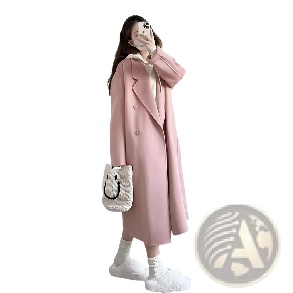 Pink longline wool trench coat petite featuring a soft pink double-breasted design with notched lapels