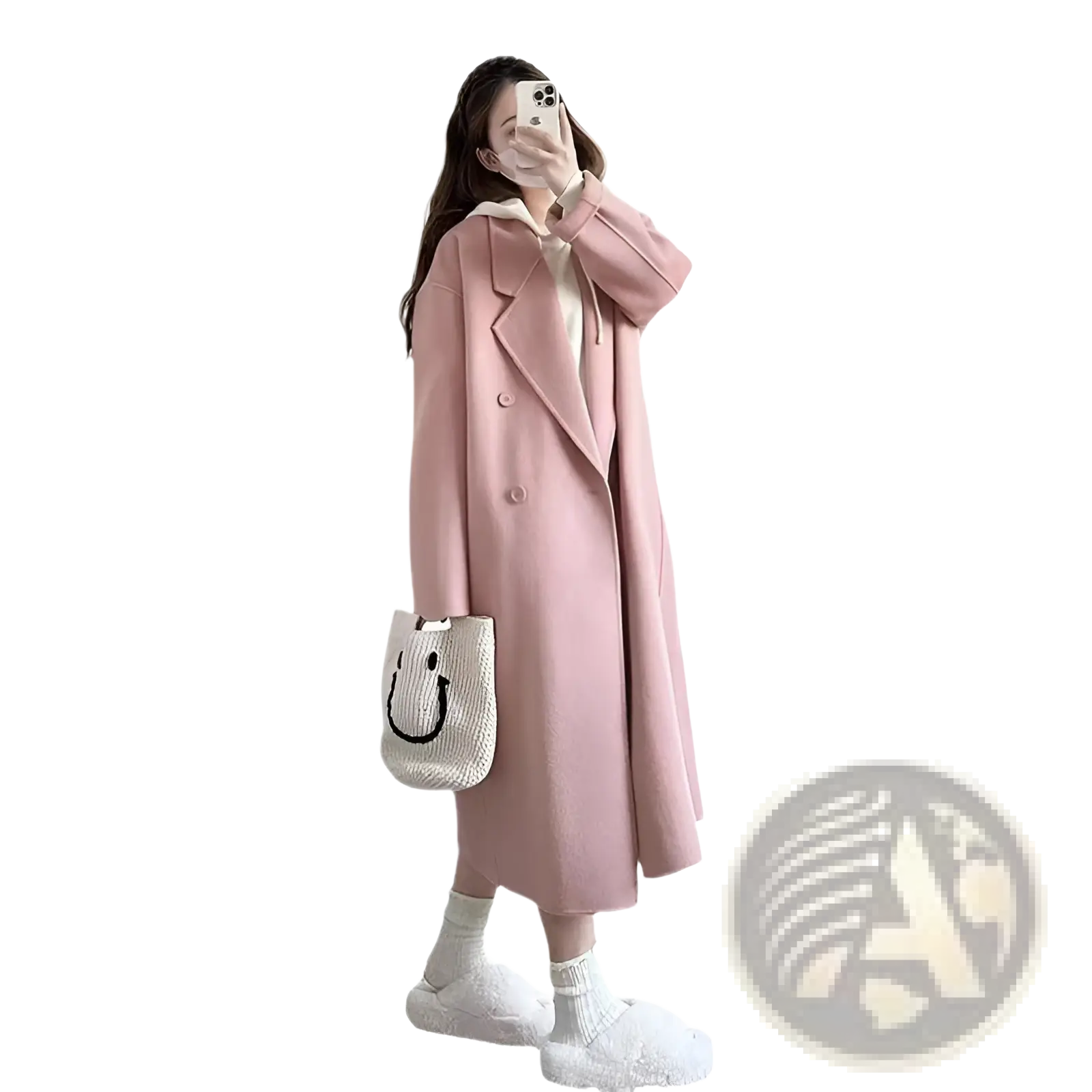 Pink longline wool trench coat petite featuring a soft pink double-breasted design with notched lapels
