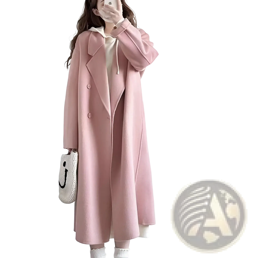 Pink longline wool trench coat petite with soft pink double-breasted design and matching hooded inner lining