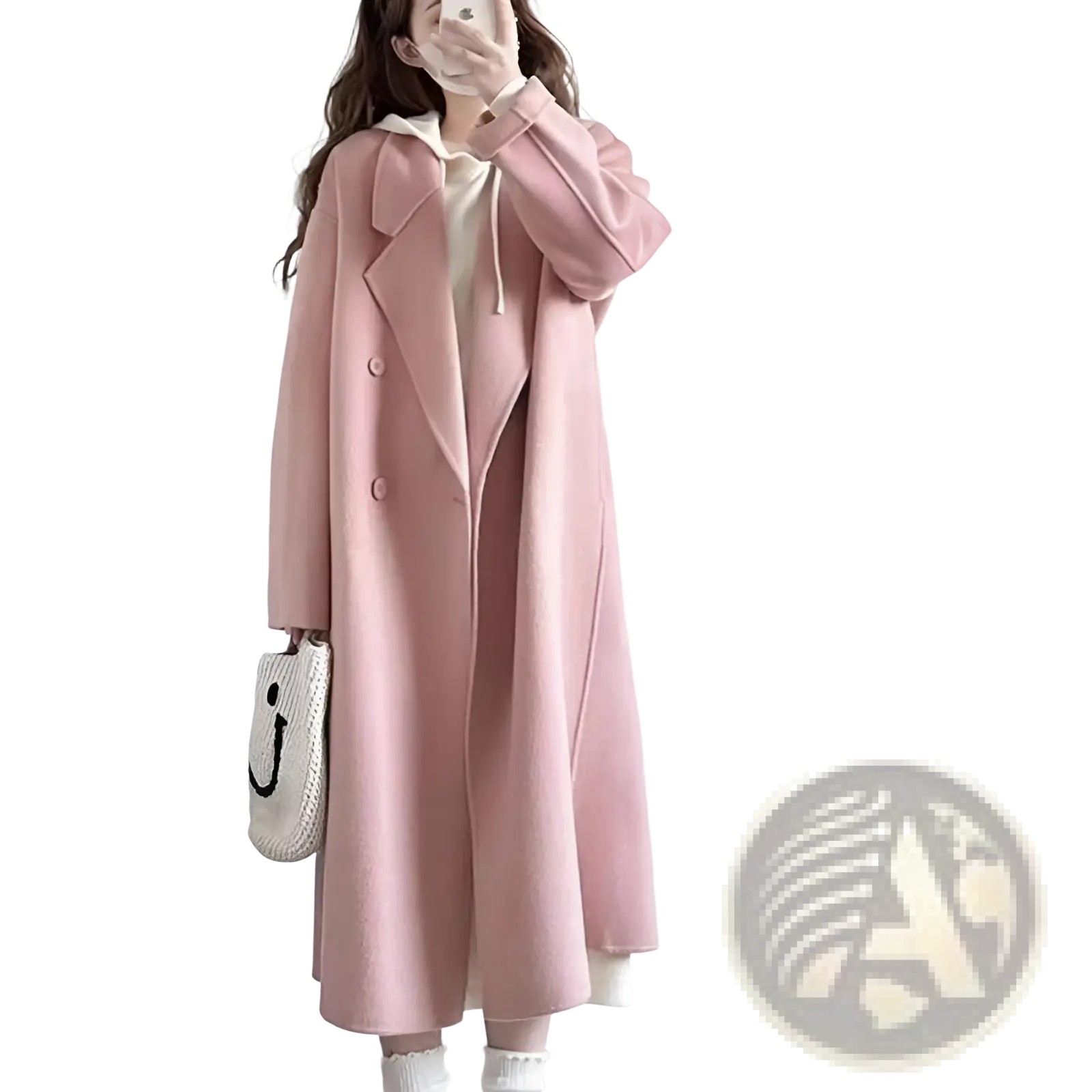 Pink longline wool trench coat petite with soft pink double-breasted design and matching hooded inner lining