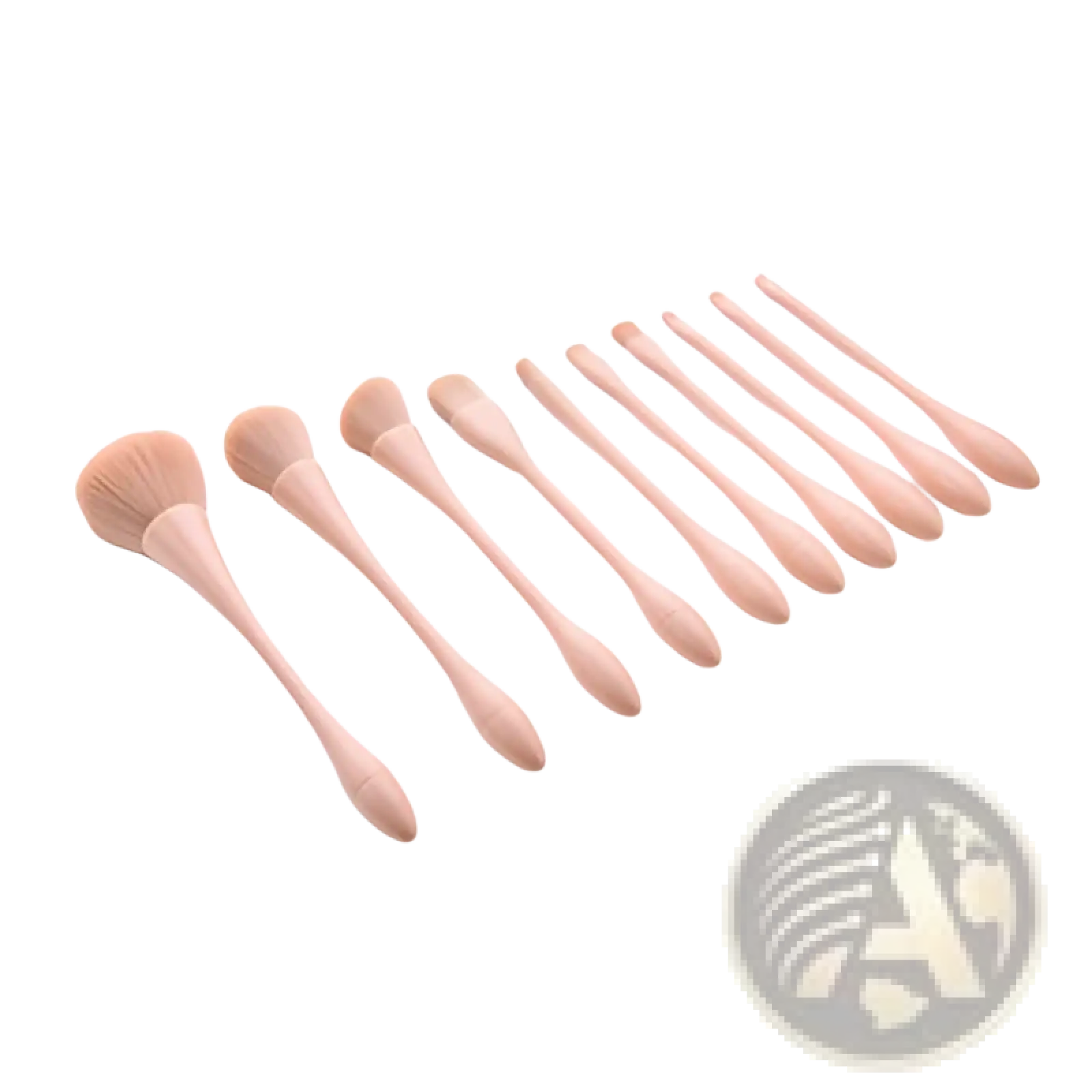 Set of ten blush-toned wooden makeup brushes with soft nylon bristles and tapered handles for professional use