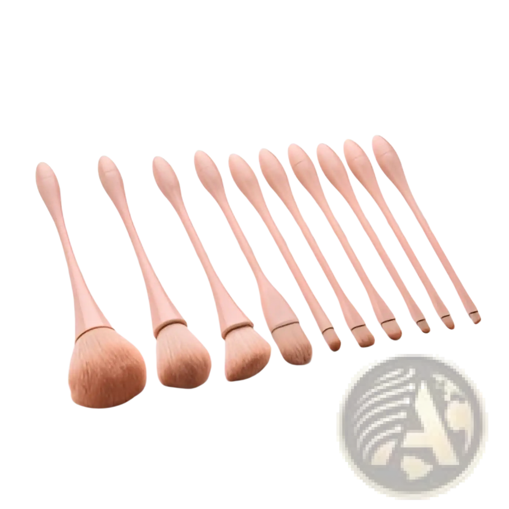 Set of ten wooden-handled pink makeup brushes with soft peach nylon bristles for professional use