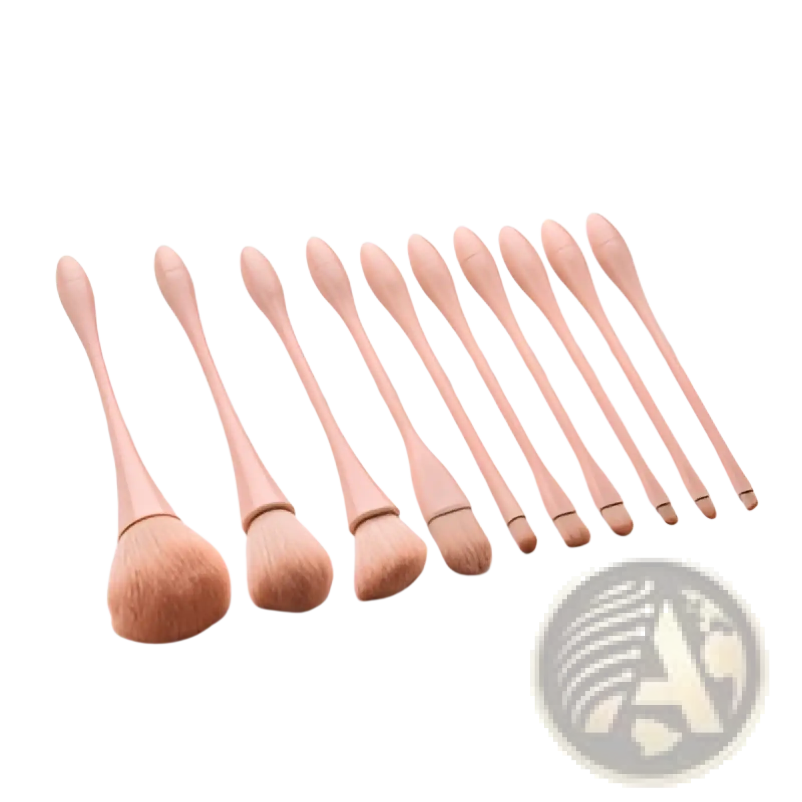 Set of ten wooden-handled pink makeup brushes with soft peach nylon bristles for professional use