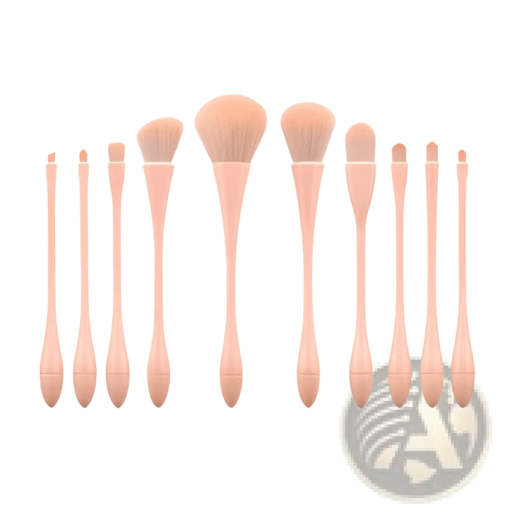 Set of ten professional nylon blush and foundation makeup brushes with peach-colored handles and soft rounded bristles