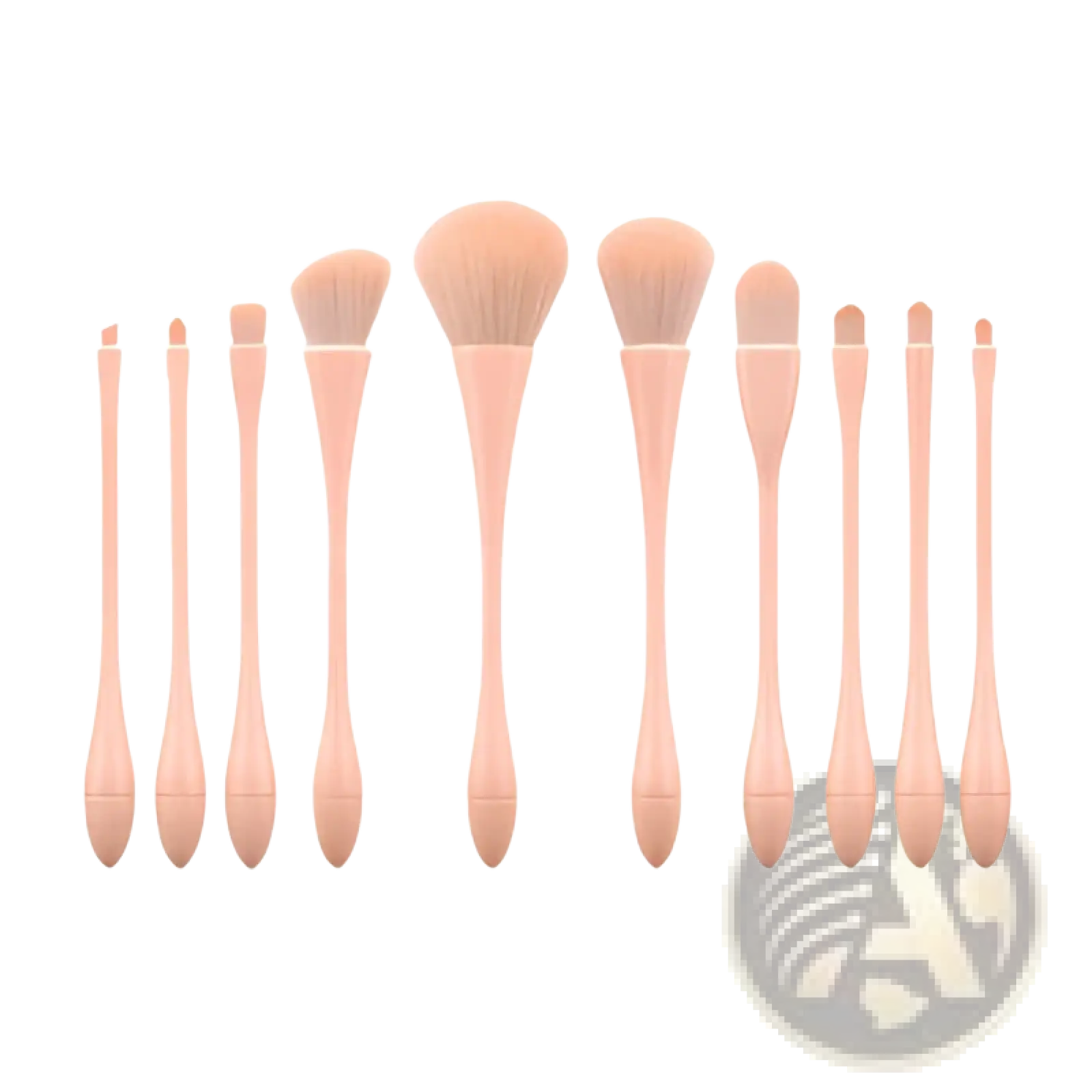 Set of ten professional nylon blush and foundation makeup brushes with peach-colored handles and soft rounded bristles