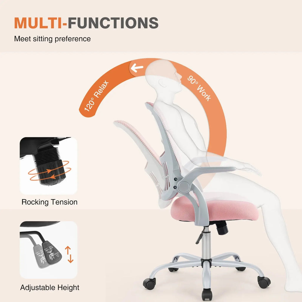 Pink mesh drafting chair with adjustable height, foot ring, and rocking tension features for office use