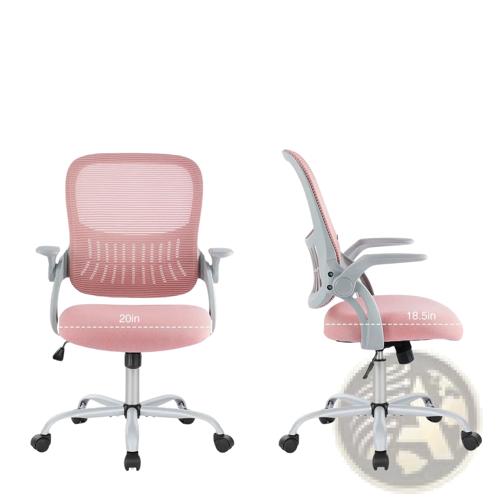 Pink mesh drafting chair with adjustable foot ring featuring gray armrests and base for office use
