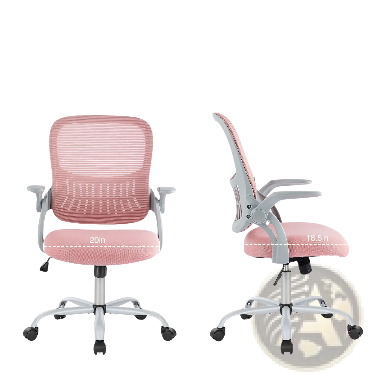 Pink mesh drafting chair with adjustable foot ring featuring gray armrests and base for office use
