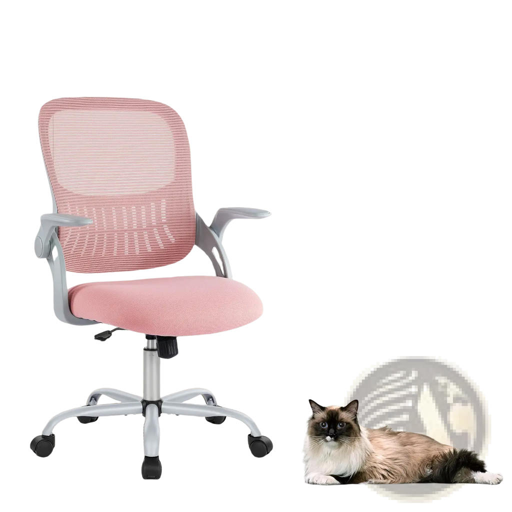 Pink mesh drafting chair with adjustable foot ring and gray armrests and base for office use
