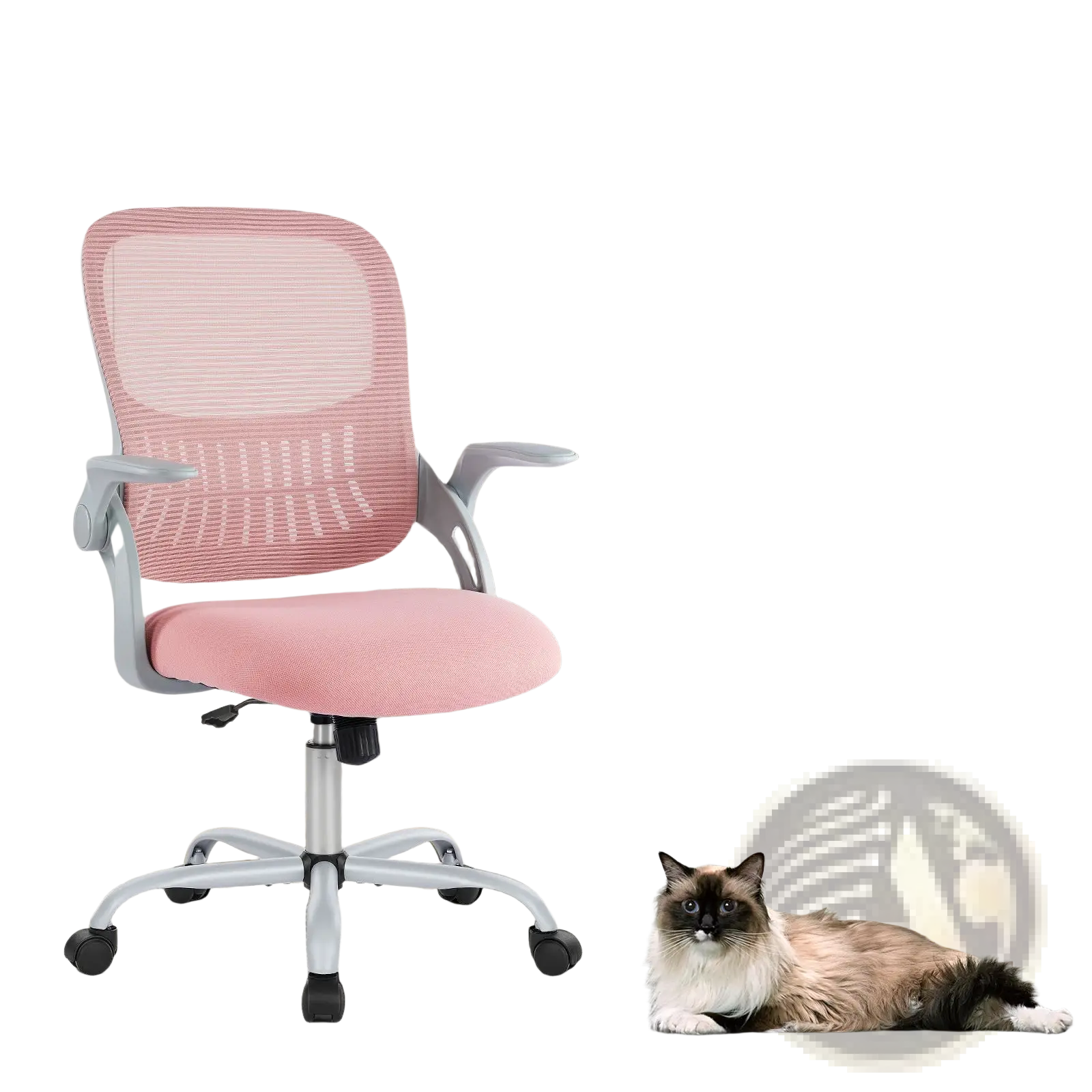 Pink mesh drafting chair with adjustable foot ring and gray armrests and base for office use