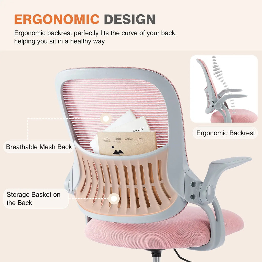 Back view of a pink and gray ergonomic drafting chair with breathable mesh back and rear storage basket