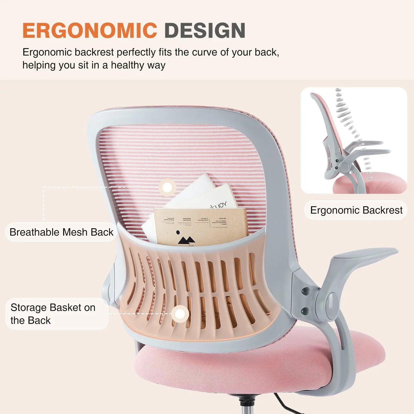 Back view of a pink and gray ergonomic drafting chair with breathable mesh back and rear storage basket
