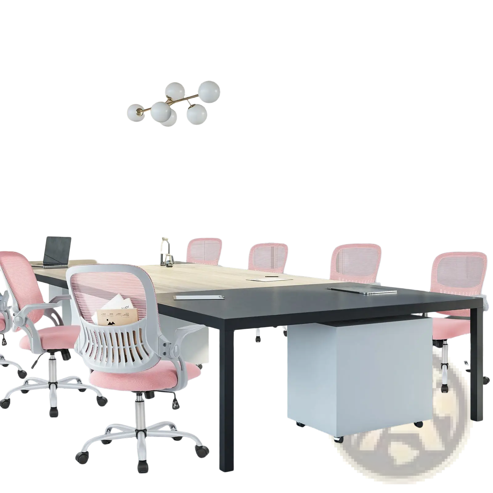 Pink mesh drafting chair with adjustable foot ring white plastic frame and chrome base shown from the back side