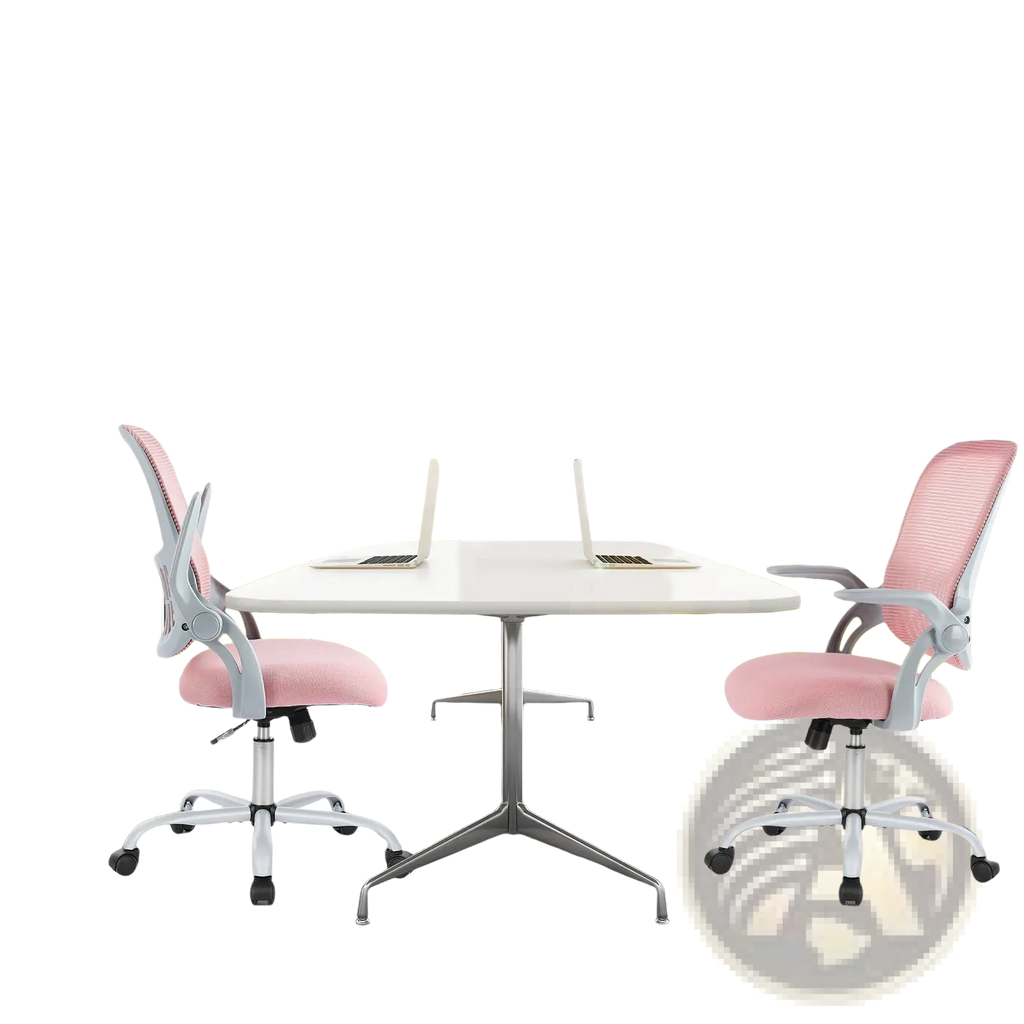 Pink mesh drafting chair with adjustable foot ring armrests and silver metal frame for office use