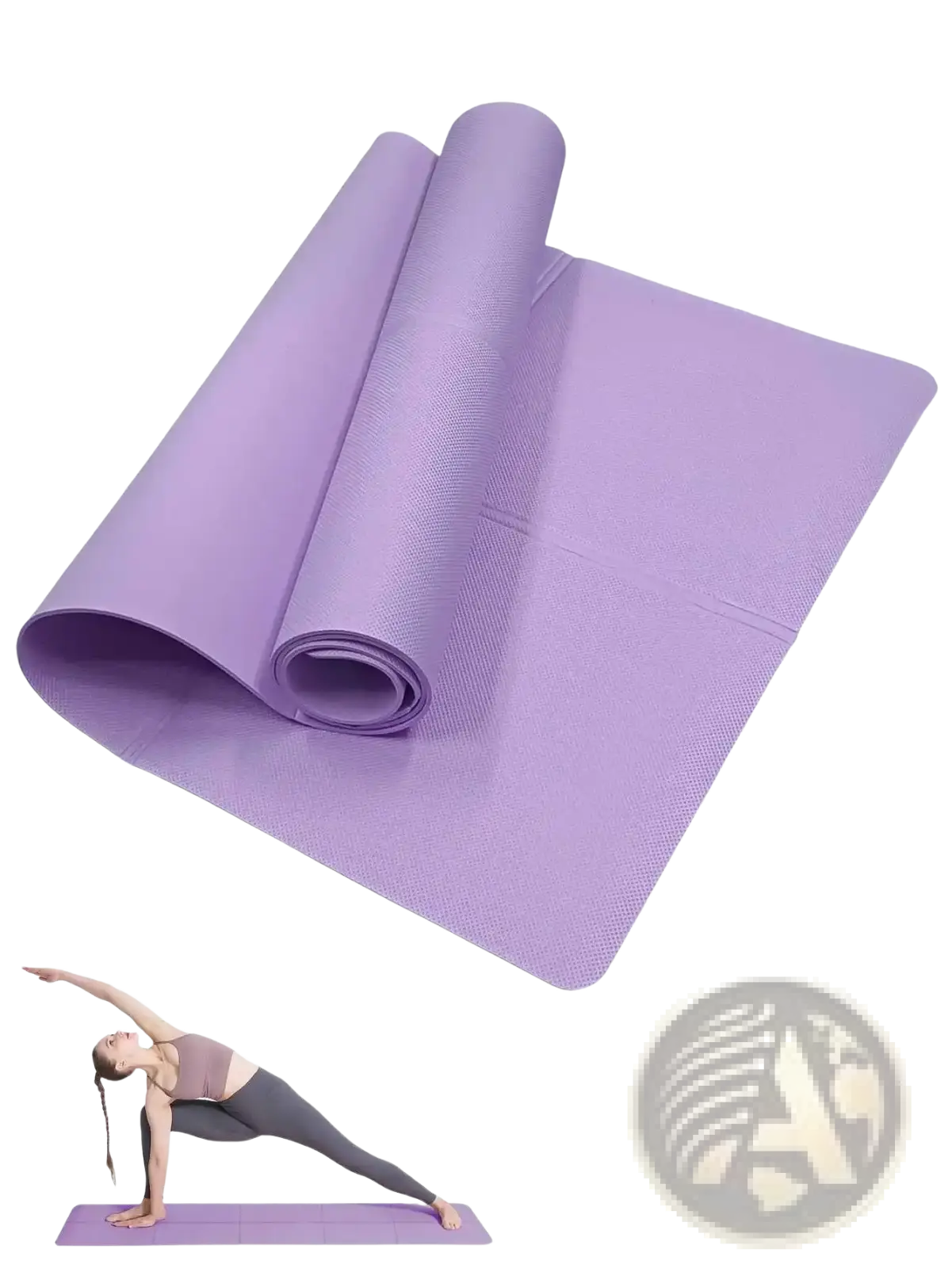 Purple yoga mat with textured surface and rolled edge for non slip fitness exercise pad 4mm thickness