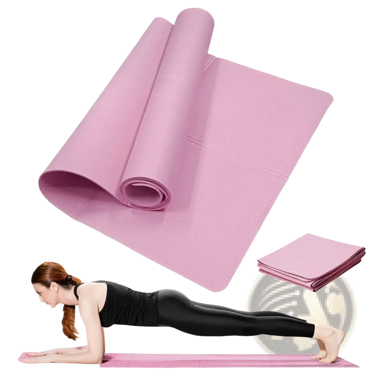 Pink non slip yoga mat 4mm with textured surface and rolled up design shown alongside folded version for fitness exercise