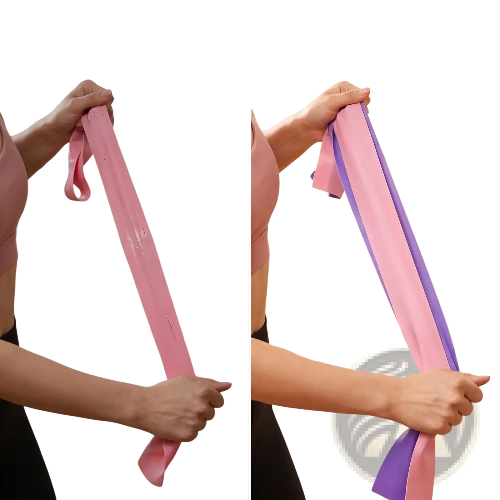 Pink pilates resistance bands featuring a durable high elasticity design in pink and purple for effective workouts