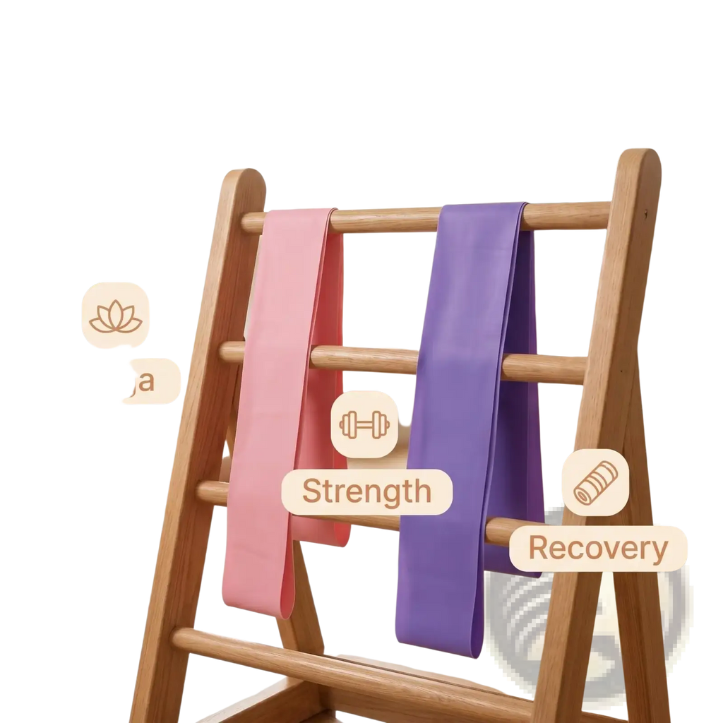Pink pilates resistance bands made of elastic material in pink and purple displayed on a wooden ladder