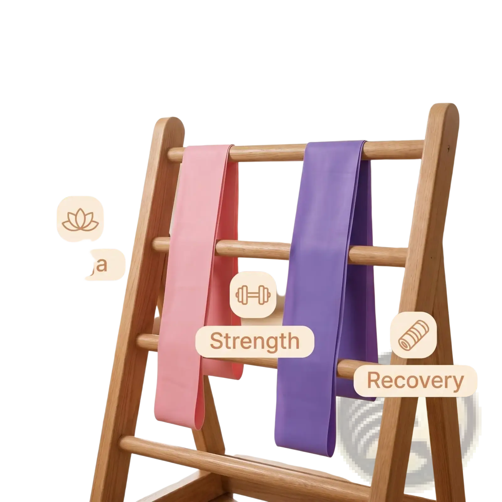 Pink pilates resistance bands made of elastic material in pink and purple displayed on a wooden ladder