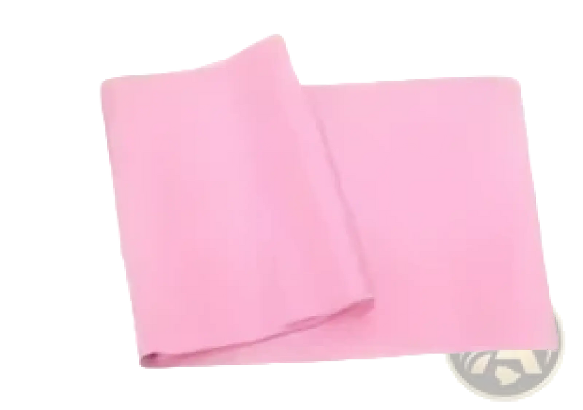 Pink silicone wristband of pink pilates resistance bands designed for flexible strength training exercises
