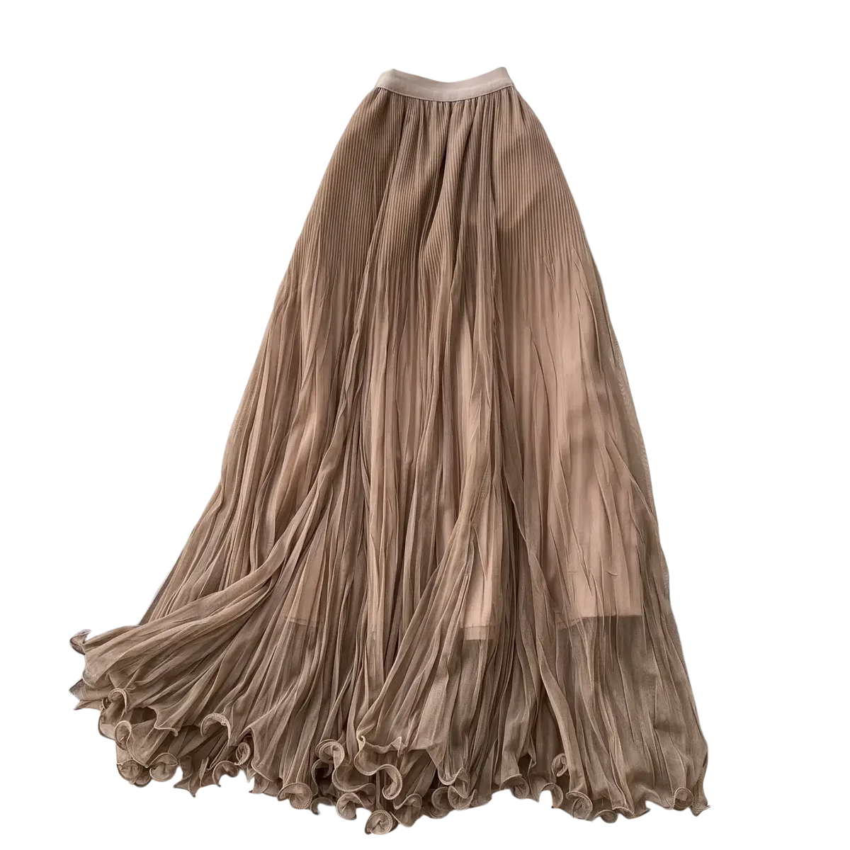 A flowing beige chiffon pleated midi skirt with soft ruffled hem perfect for y2k streetwear style