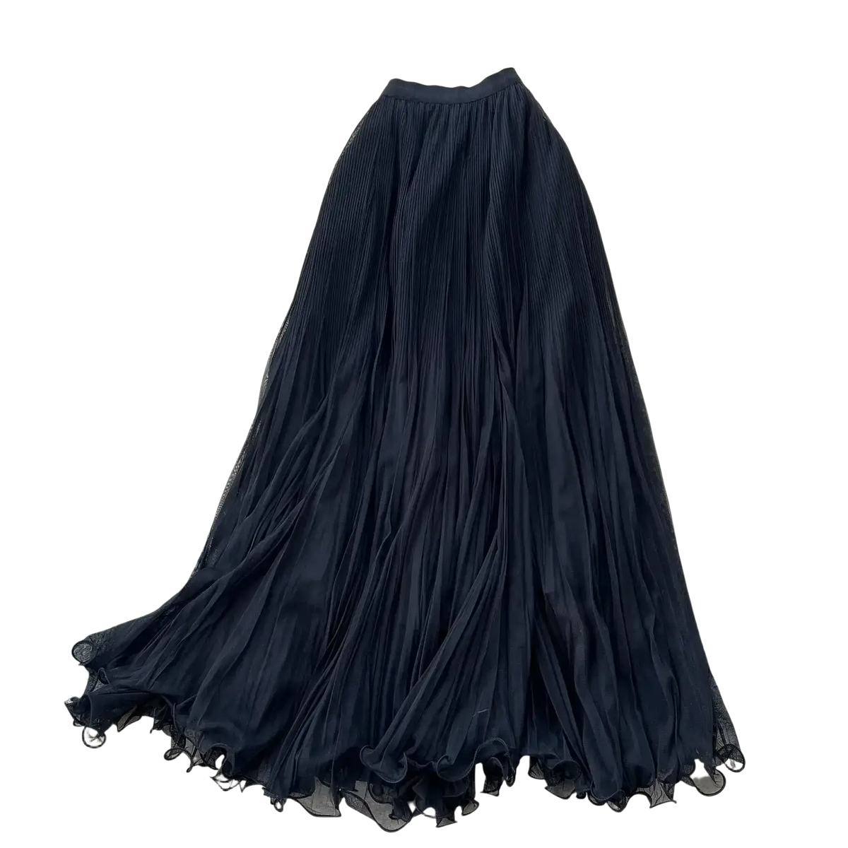 A flowing black pleated midi skirt with a sheer layered hem perfect for y2k streetwear fashion
