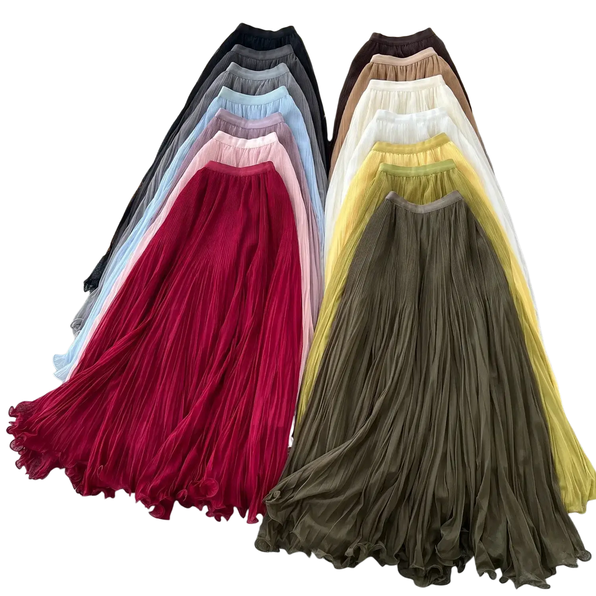 A collection of pleated chiffon maxi skirts with elastic waistbands in vibrant and neutral colors for y2k streetwear