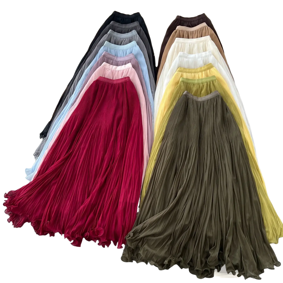 A collection of pleated chiffon maxi skirts in red pink blue green and beige for y2k streetwear style