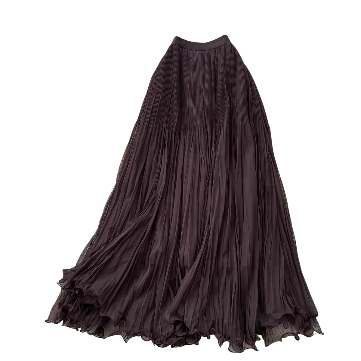 A flowing dark brown pleated midi skirt with sheer lightweight fabric and ruffled hemline y2k streetwear style