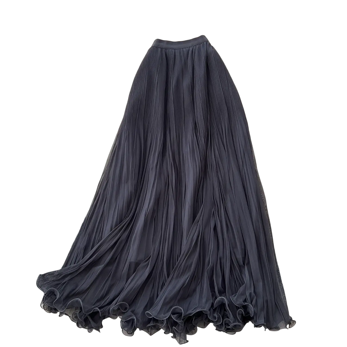 A flowing dark gray pleated midi skirt with ruffled hemline made of lightweight chiffon for y2k streetwear style