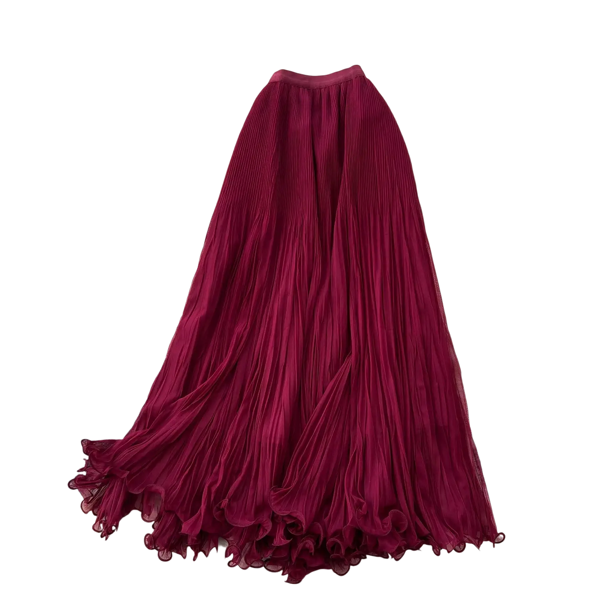 A flowing deep burgundy sheer mesh pleated maxi skirt with ruffled hemline from pink pleated midi skirt a line y2k streetwear