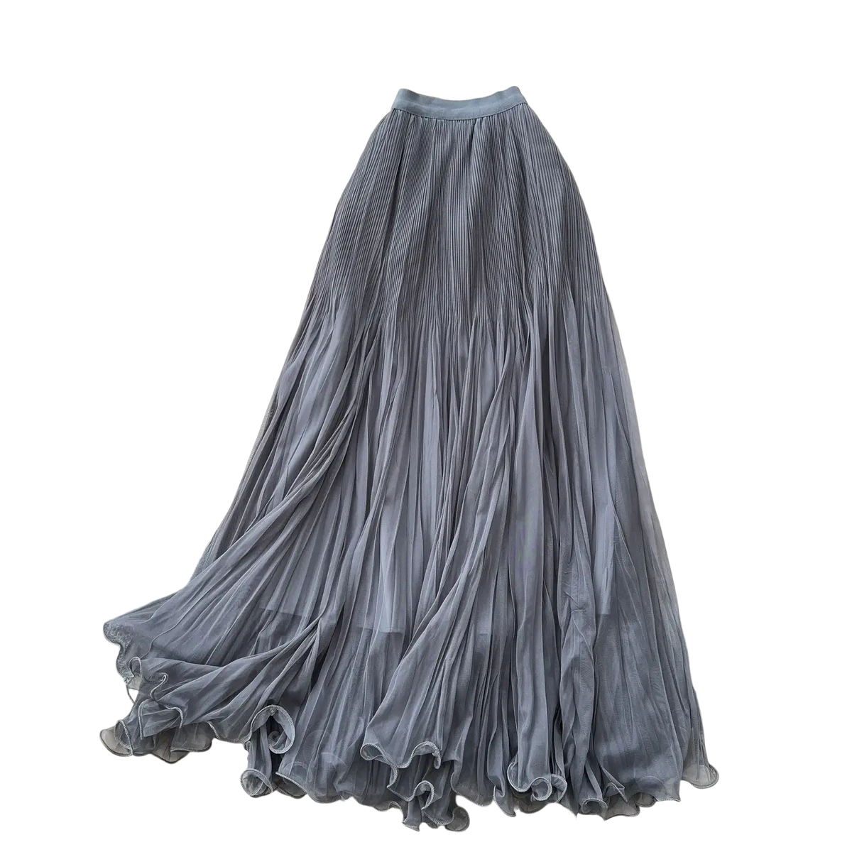 A flowing gray pleated chiffon maxi skirt with ruffled hemline styled in pink pleated midi skirt a line y2k streetwear