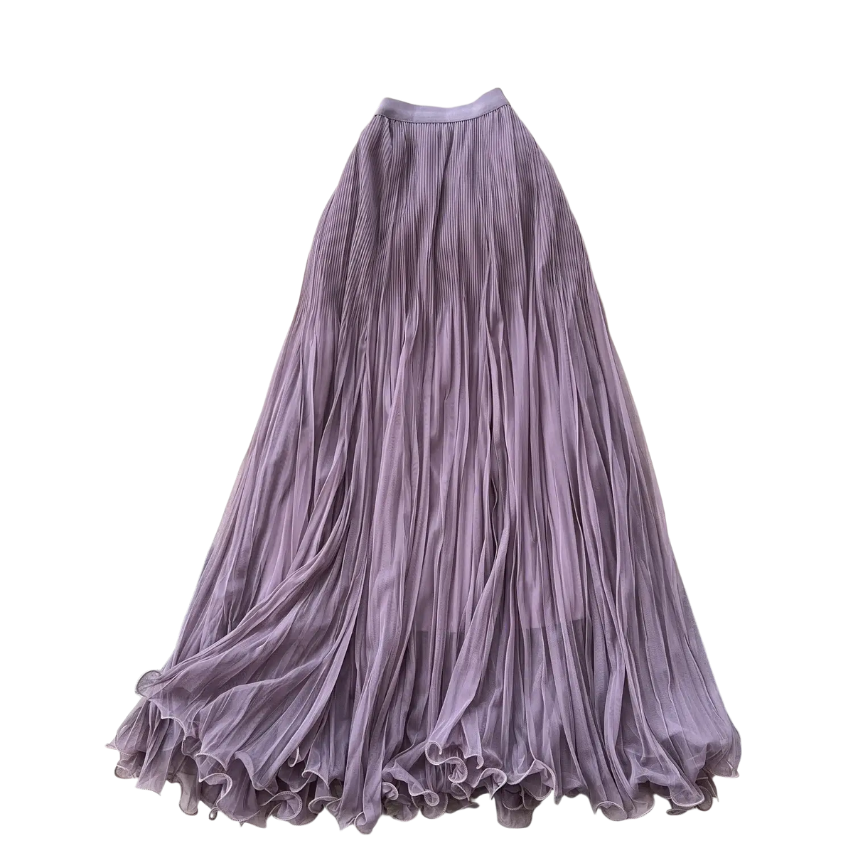 A flowing lavender pleated midi skirt with ruffled hemline in a line style for y2k streetwear fashion